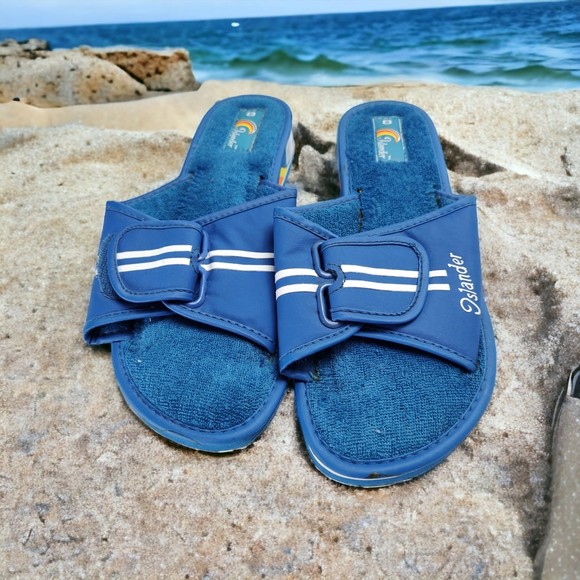Vintage 80s Terry Lined Slides Size 8 Blue Rainbow Detail Islander - Picture 1 of 10